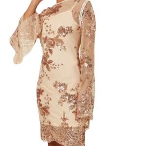 Nazz Collection Nude & Rose Gold Sz 8 Batwing Floral Sequin Scalloped Dress